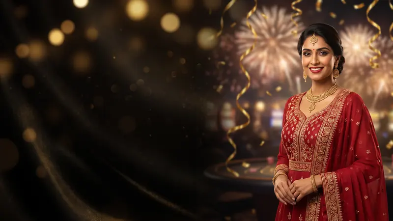 Woman in a red festive dress with fireworks – 3333bet Member Carnival Day