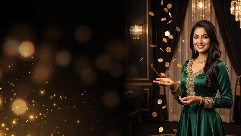Woman in an emerald dress with falling gold coins – 3333bet cashback
