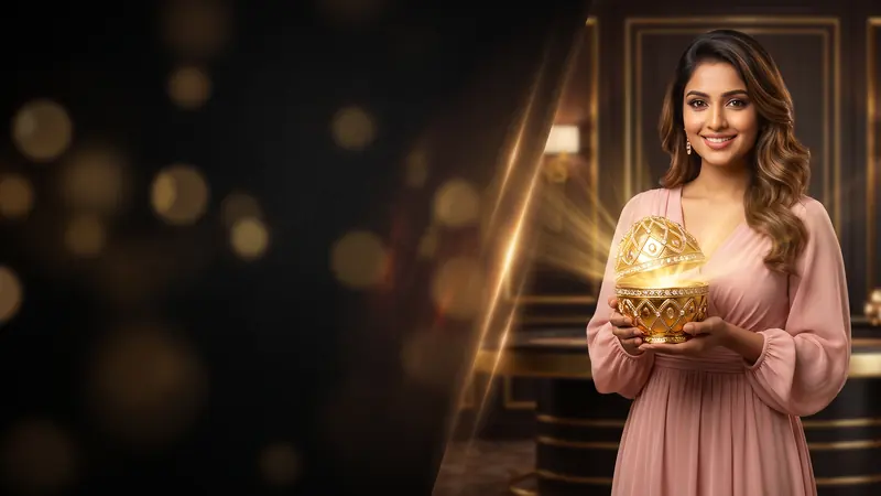Woman in a pink dress holding a golden egg – 3333bet daily login rewards