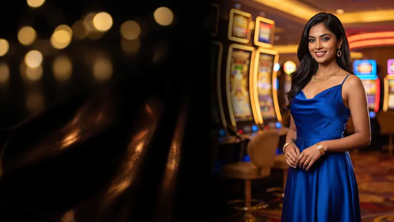 Woman in a blue dress in a casino game hall – 3333bet slots