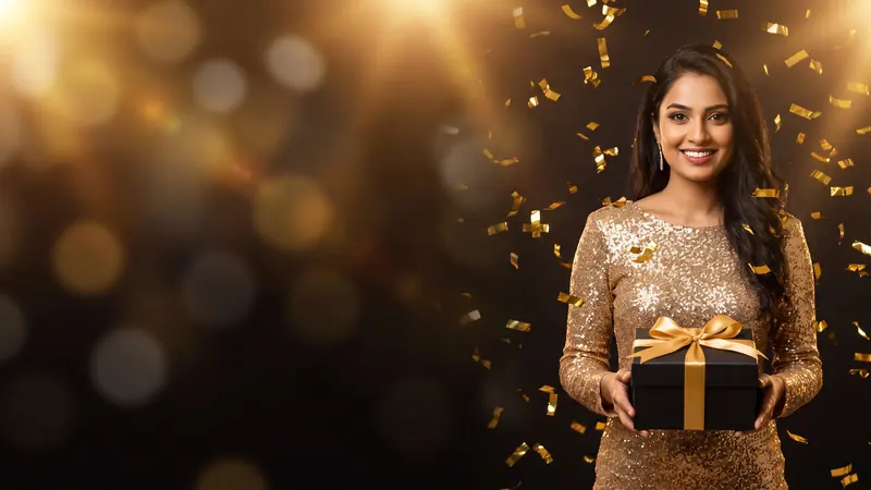 Smiling woman in a gold sequin dress holding a gift box – 3333bet first deposit bonus
